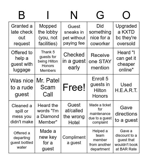 Thibodaux Front Desk BINGO! Bingo Card