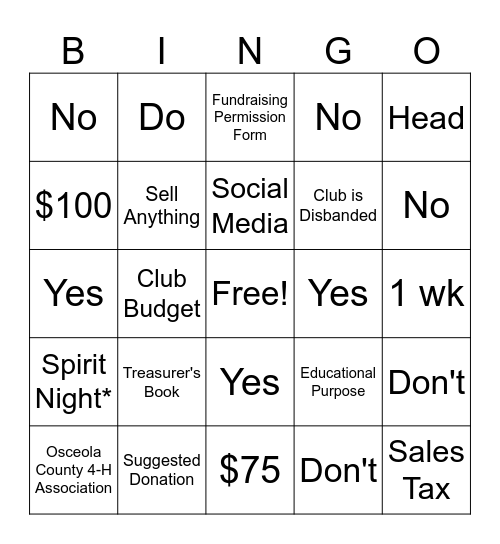 4-H Fundraising Bingo Card