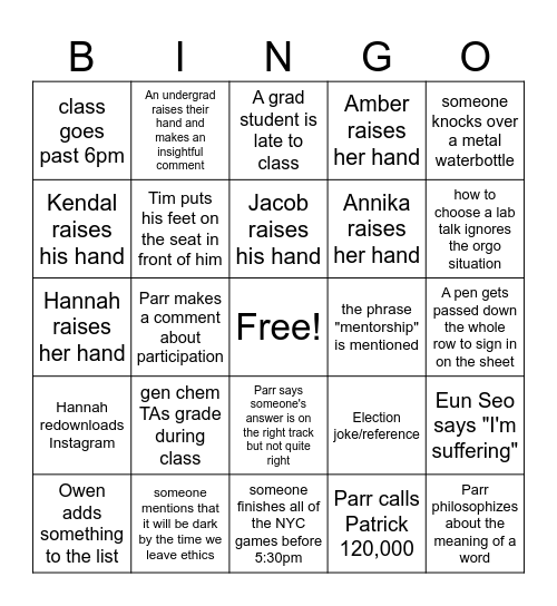 Unethical Ethics Bingo Card