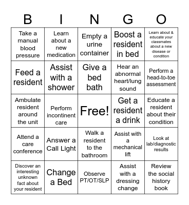Clinical Bingo Card