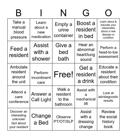 Clinical Bingo Card