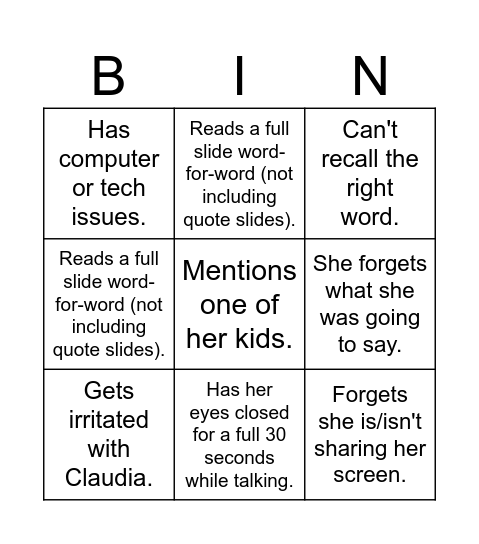 To Keep Us Sane Bingo Card