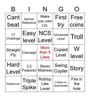 Recent Tab Bingo GD Bingo Card