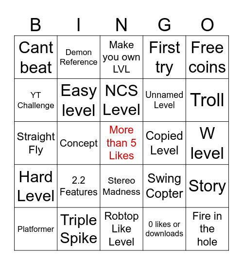 Recent Tab Bingo GD Bingo Card