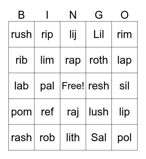 L & R Bingo Card