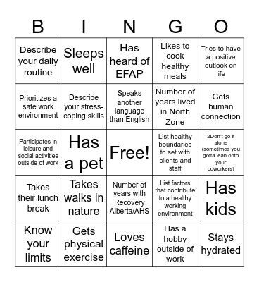 Team Building BINGO SELF CARE Bingo Card