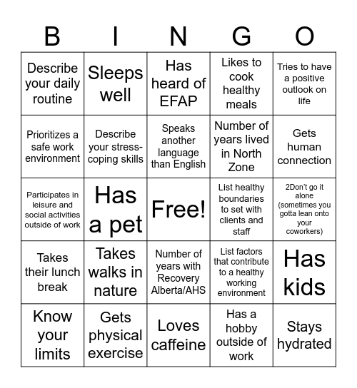 Team Building BINGO SELF CARE Bingo Card