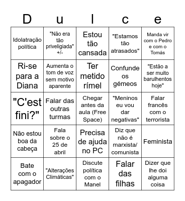 Dulce Bingo 18/11/24 Bingo Card