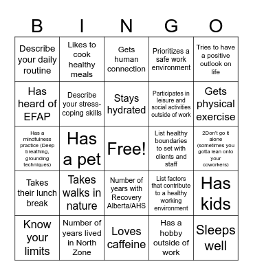 Team Building BINGO SELF CARE Bingo Card