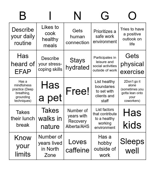 Team Building BINGO SELF CARE Bingo Card