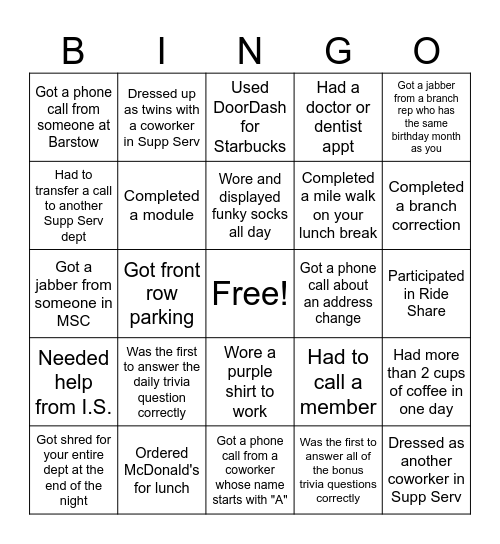 Support Services Bingo Card