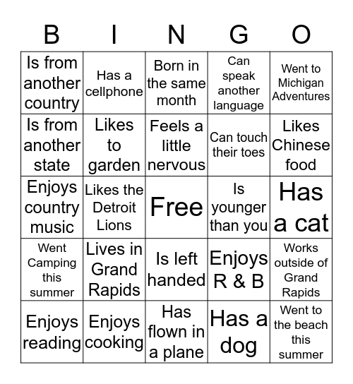 Welcome to Collins' New Family Orientation Bingo Card