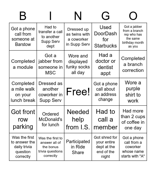 Support Services Bingo Card