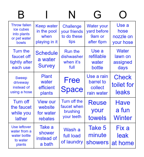 Water Saving Bingo Card