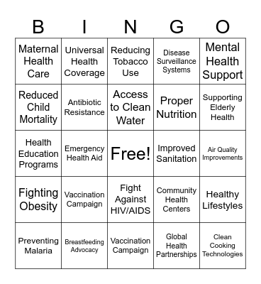 UNICEF Sustainable Goal 3 Bingo Card