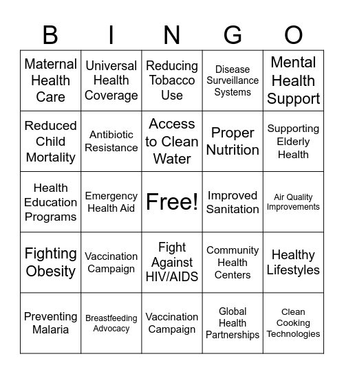 UNICEF Sustainable Goal 3 Bingo Card