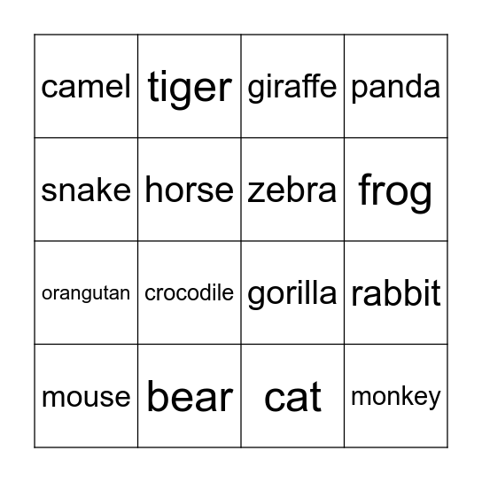 Animals Bingo Card