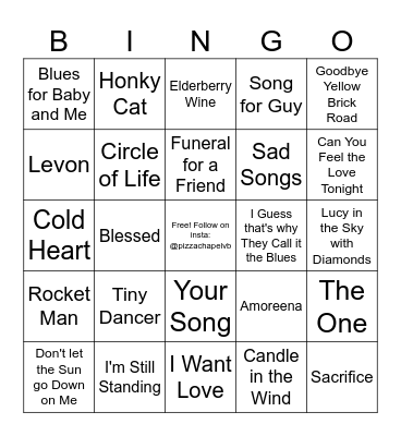 Elton John Bingo Card