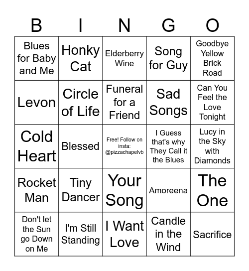 Elton John Bingo Card