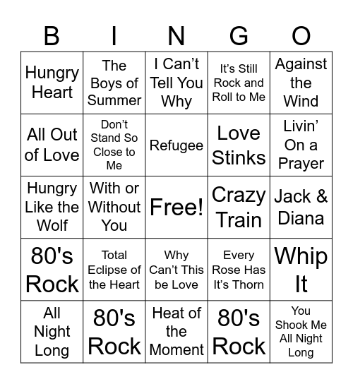 80's Rock Bingo Card