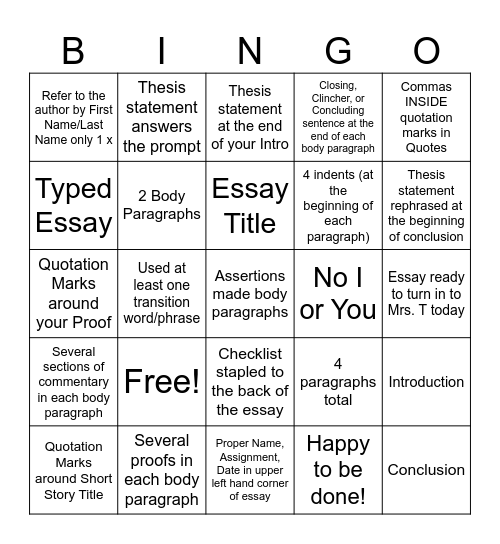 Essay Evaluation Bingo Card