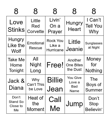 80's Rock Bingo Card