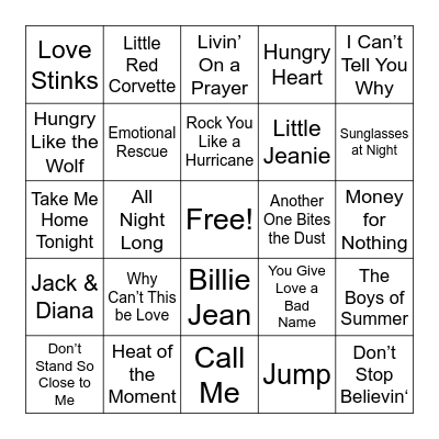 80's Rock Bingo Card