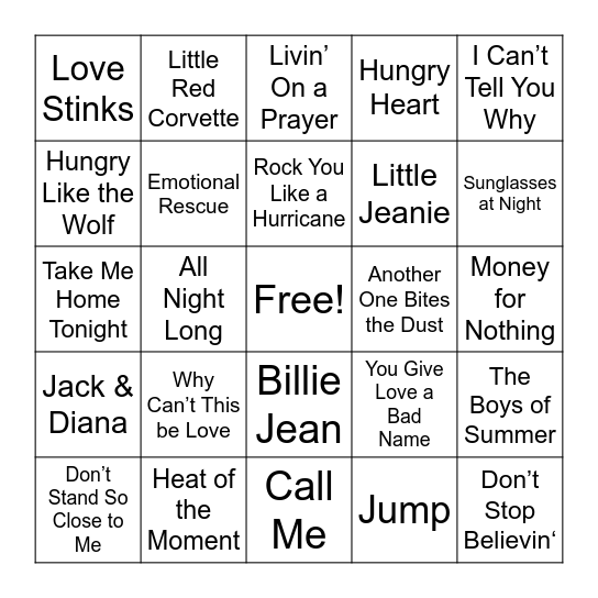 80's Rock Bingo Card