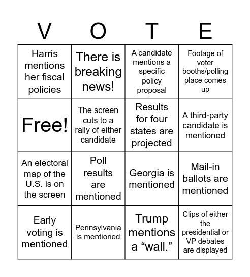 YVote 2024 Election Bingo! Bingo Card