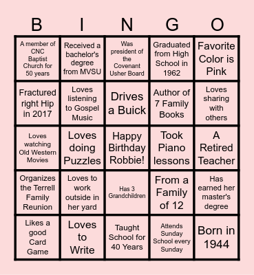 How Well do you know Robbie? Bingo Card