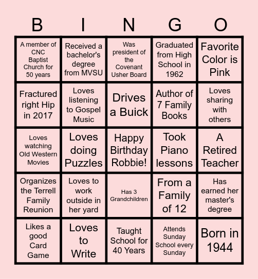 How Well do you know Robbie? Bingo Card