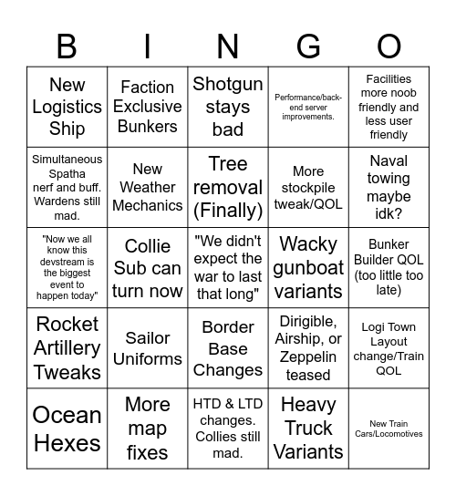 Foxhole Devstream Bingo Card