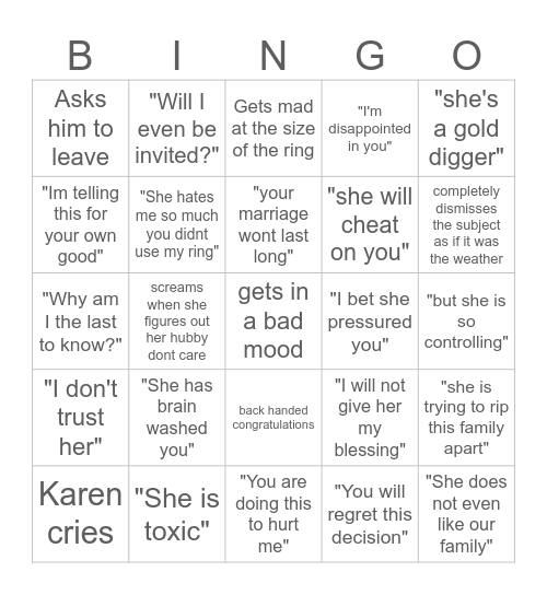 Karen's reaction: Engagement edition Bingo Card