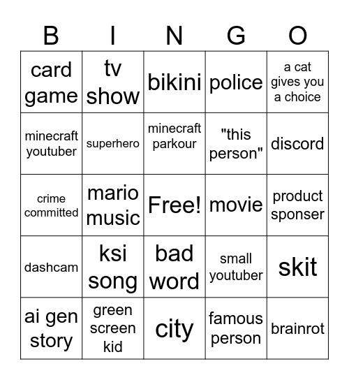 yt shorts Bingo Card