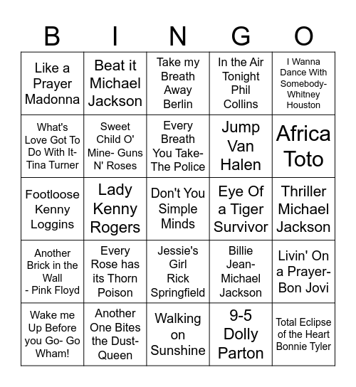 80s Music! Bingo Card