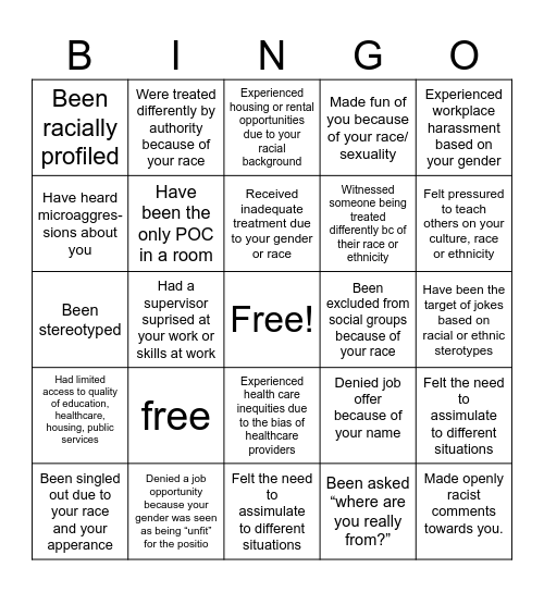 poverty bingo Card