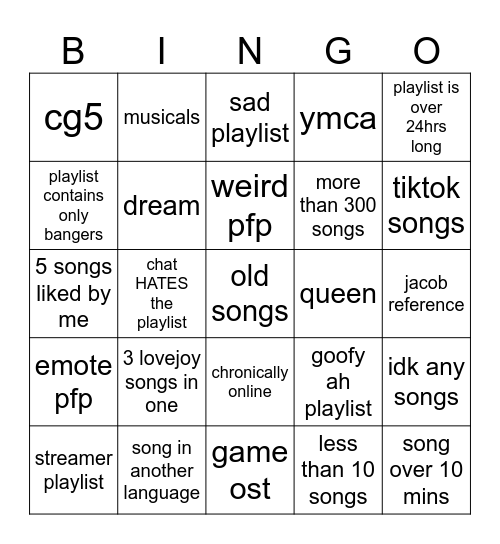 Spotify Playlist Bingo Card