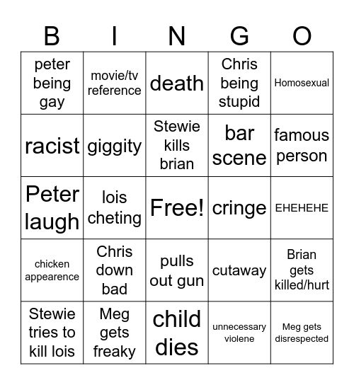 Family Guy Bingo Card