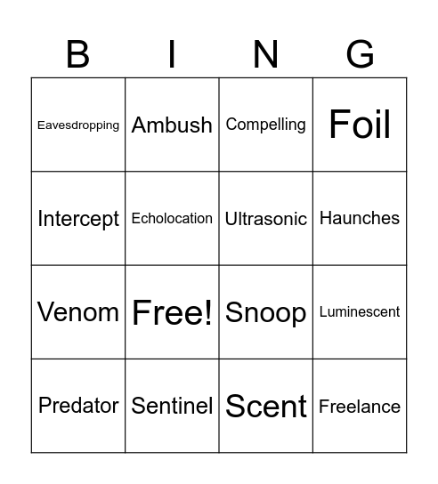 Animal Snoops Vocabulary Bingo Card