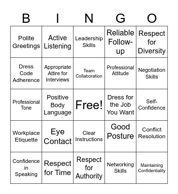 Business Professionalism Bingo Card