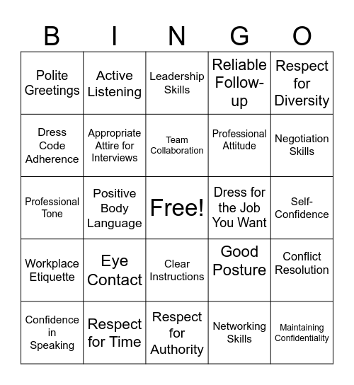 Business Professionalism Bingo Card