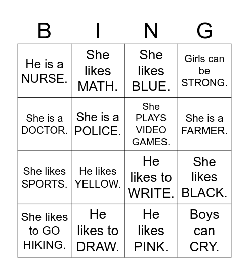 Girls and Boys Bingo! Bingo Card