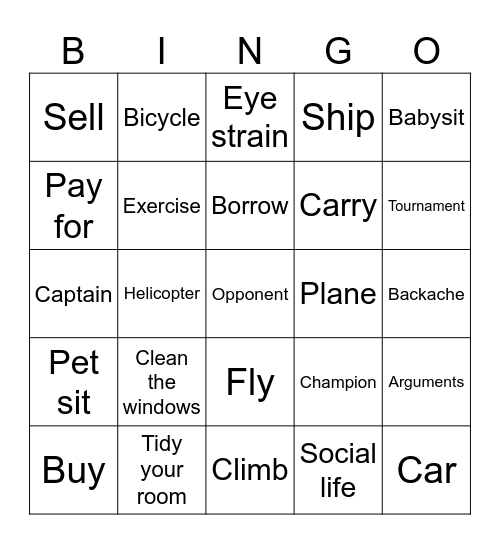 Vocabulary Revision Bingo Card