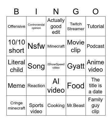 YouTube shorts Bingo Card