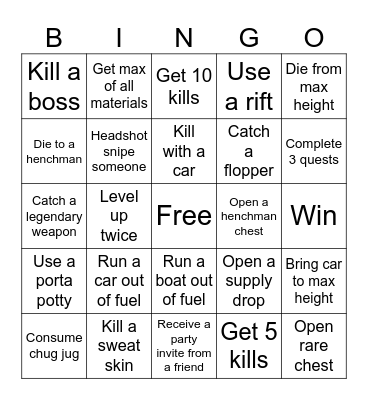 Fortnite Bingo Card