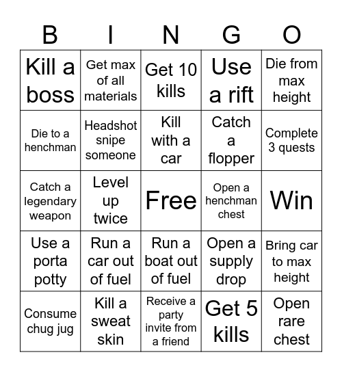 Fortnite Bingo Card