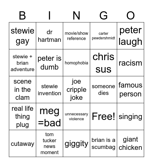 family guy bingo Card