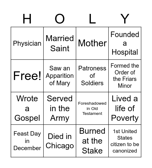 Saint Bingo Card