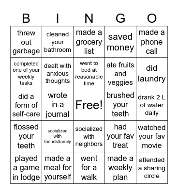 Independent Living Skills Bingo Card