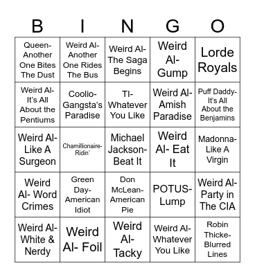 Radio Bingo Weird Al Bingo Card